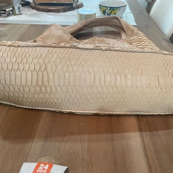 Tan Hobo Bag with Snakeskin Texture and Slouchy Silhouette - Picture 2 of 7